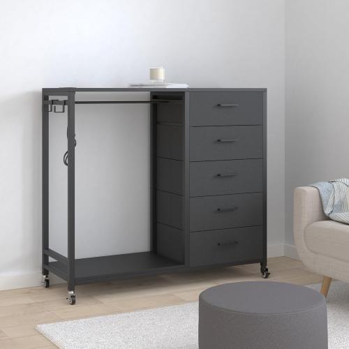 Cyclysio Dresser with Hanging Rack, 5 Fabric Drawers Dresser with Clothes Rack, Wooden Top Storage Chest of Drawers with Charging Station & LED Lights, Lockable Wheels, Closet