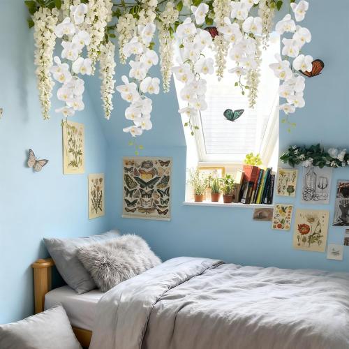 White Orchid Artificial Flowers,4PCS Real Touch Fake Hanging Flowers Faux Phalaenopsis Orchids Plants for Wedding Party Wall Garden Outdoor Home Decor (White)