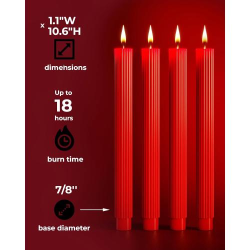 96NORTH 10.6 inch Taper Candles Set of 6, 7/8 inch Base Diameter, Unscented Taper Candles, Up to 18 Hours Burning Time Candlesticks, Dripless Taper Candles, Perfect as Dinner, Household Candles — Red