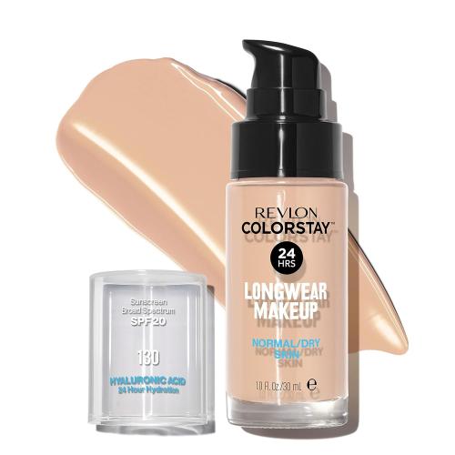 Revlon Liquid Foundation, ColorStay Face Makeup for Normal & Dry Skin, SPF 20, Longwear Medium-Full Coverage with Natural Finish, Oil Free, 130 Porcelain, 1 Fl Oz