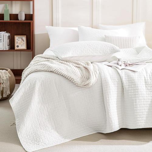 Sanracie Stonewashed Oversized King Bedspread(118x106), Cotton Milk White California King Quilt Coverlet Cross Stitch Ultra Soft Lightweight 3Pcs Crinkle Bed Coverlet Set for All Season