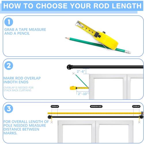 Curtain Rods for Windows 16 to 48 Inches, Curtain Rod Max Adjustable Length of 60 IN, 6/8 Diameter Drapery Rods Round Finials, Black, Pack of 1