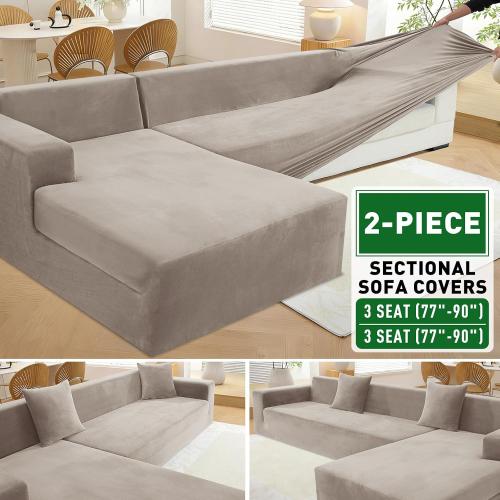 ZNSAYOTX 2026 Soft Velvet Sectional Couch Covers, Luxury Plush Slipcovers with Elastic Bottom for L Shape Sectional Sofa, 2 Pcs Pet Friendly Protector (3 Seat Couch   3 Seat Chaise, Khaki)