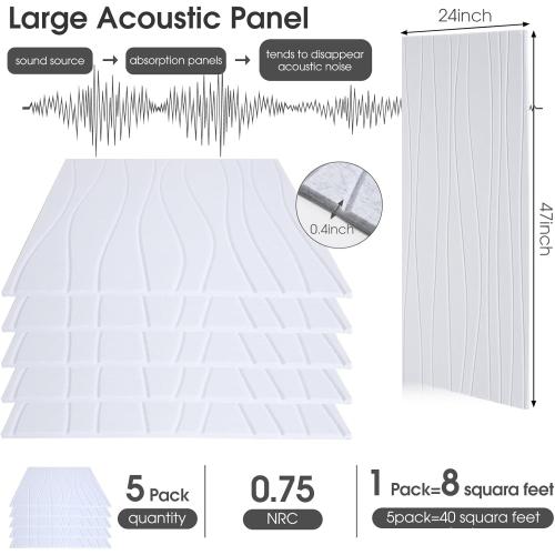 Coume 5 Pack Size 47x23.6x0.4 Art Acoustic Panels Sound Absorbing 47x23.6x0.4 Inch Large Self Adhesive Sound Dampening Decorations Noise Reduction Soundproof Wall Panels for Home Office Studio(White)
