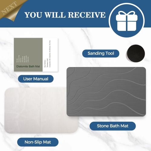 Stone Bath Mat Diatomaceous Earth Non-Slip Shower Mat,Quick Drying Diatomite Bath Stone Mat for Bathroom Floor -Super Absorbent,Natural, Easy to Clean(24×16 Grey)