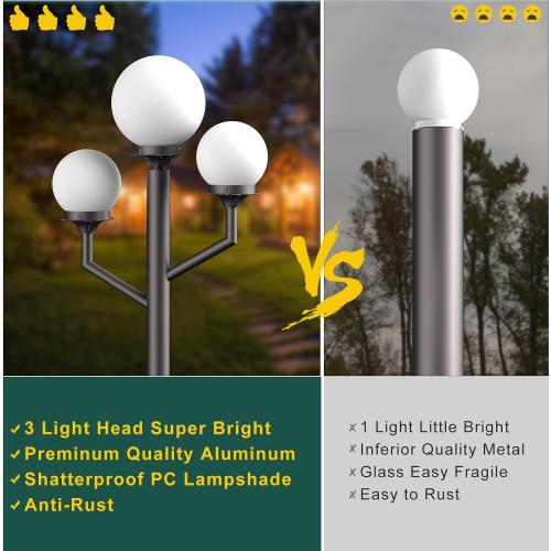 79'' Outdoor Lamp Post Light with Triple Globe Head Waterproof Street Light Pole Lamp for Outside with 3Pcs 10W Bulbs, Outdoor Post Light for Garden Yard Patio Driveway-Brown Pole