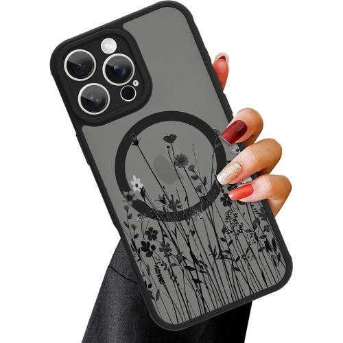 OOK Magnetic for iPhone 16 Pro Max Case [Compatible with MagSafe] Black Wild Flower Slim Translucent Matte for iPhone 16 Pro Max Camera Lens Protection Cover, Wild Flower (6.9)