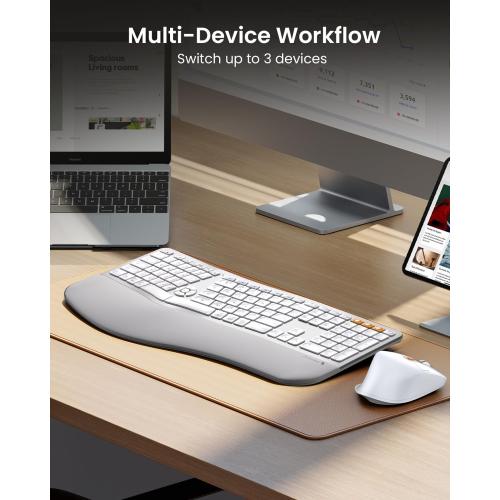 ProtoArc EKM01 Plus Wireless Ergonomic Keyboard Mouse Combo - White Silver | Full-size Split Keyboard with Cushioned Wrist Rest, Ergonomic Mouse, 3-Device Bluetooth/2.4G, USB-C Rechargeable