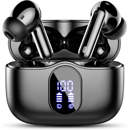 Wireless Earbuds, Bluetooth 5.4 Headphones Bass Stereo, Ear Buds with Noise Cancelling Mic, LED Display in Ear Earphones Clear Calls, IP7 Waterproof Bluetooth Earbuds for Phones/Sports/Laptop, Black
