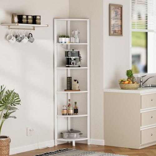 Furnulem 6 Tier Corner Shelf with LED Light, 67.5” Tall Standing Shelf Organizer, White Narrow Bookshelf with Storage Rack for Wall Corner, Living Room, Bedroom, Metal Frame, Wood Display Shelf