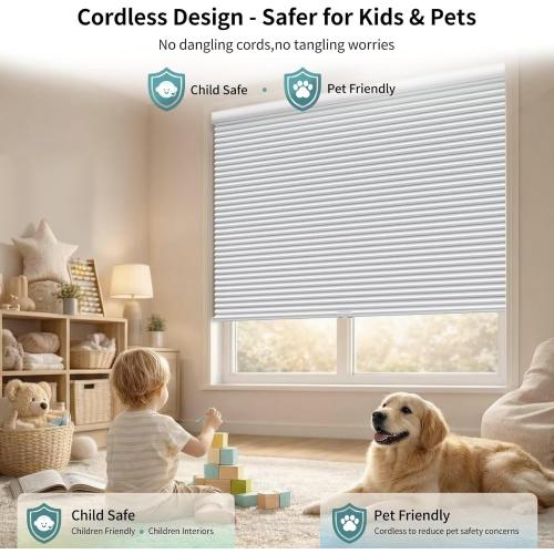 MYshade Cordless Blackout Cellular Shades for Windows, Honeycomb Window Shades with Thermal Insulation, Child & Pet Safe Room Darkening Shade, Easy Install,38 W x 72 H, White