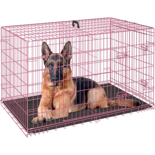 FDW Dog Crate for Large Dogs 48 Inch Folding Metal WirePet Cage Double Door W/Divider Panel Indoor Outdoor Kennel Leak-Proof Plastic Tray,Pink