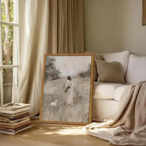 Jesus Leaves The 99 Sheep Wall Art Painting, Vintage Shepherd Christian Wall Decor Lost Lamb Religion Artwork 3D Textured Hand Drawn Sandstone for Living Prayer Room Bedroom 24x36 inch Wood Framed