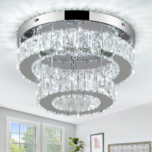 LEONTYNE 11.8 Inch Modern Mini Crystal Chandelier LED Flush Mount Ceiling Light - 2 Layer K9 Crystal, Small Chandelier for Bedroom, Hallway, Kitchen, Bathroom, Closet, Dining Room (Cool White)