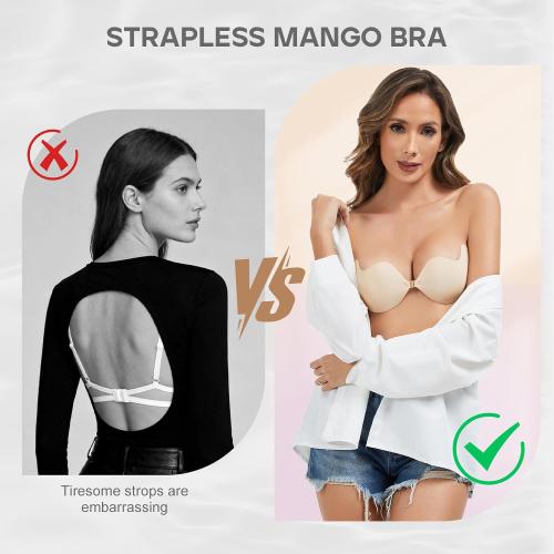 Cmojsk Strapless Sticky Push-Up Bra for Women,Adhesive Invisible Backless Nipple Covers,2 Pair Black/Beige
