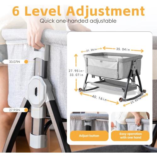 Bedside Crib, 3 in 1 Bassinet with Quick Height Adjustment and Mosquito Nets Rocking Bassinet for Baby, Bedside Bassinet with Wheels, Easy to Fold, Golden Triangle Structure（Grey）