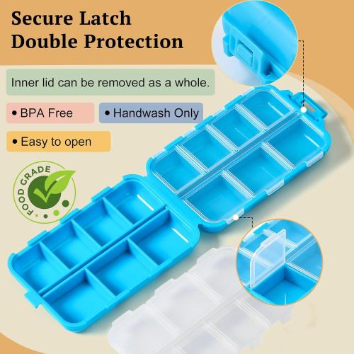 Travel Pill Organizer with Bulk Stickers & Labels - Small & Portable Week Daily Medicine Pharmacy for Pocket, Bag - 14-Compartment Foldable Supplement Box Holder for Fish Oil Vitamin - Blue
