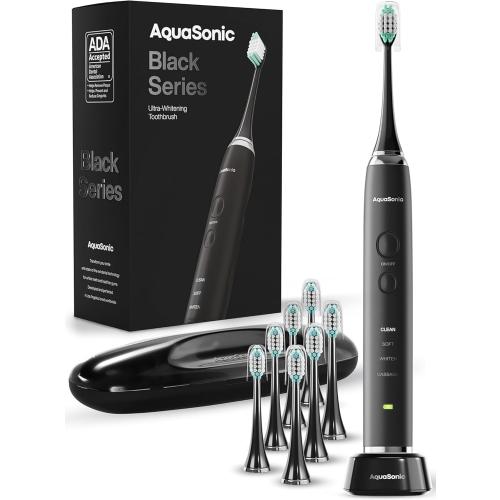Aquasonic Black Series Ultra Whitening Toothbrush – ADA Accepted Electric Toothbrush- 8 Brush Heads & Travel Case – 40,000 VPM Electric Motor & Wireless Charging - 4 Modes w Smart Timer