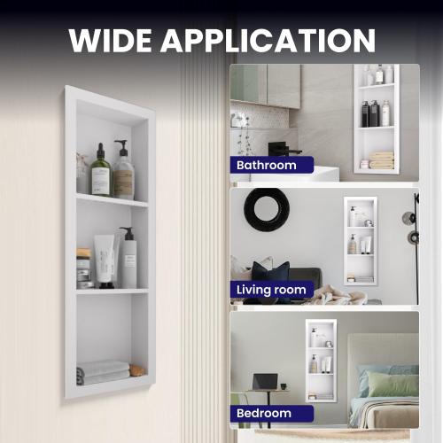 Stainless Steel Shower Niche 12 x 36, 3-Layer Wall Mounted No Tile Needed, Recessed Shower Niche with Hollow Partition, Shower Niches Shelf for Bathroom Organizer, White