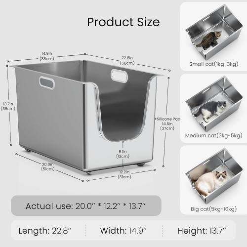 Stainless Steel Litter Box 13.7'' High Sides, XL Metal Cat Litter Box with Curved Low Entry, Cat Litter Pan for Big & Multiple Cats, Pet Toliet with Handy Wheels for Easy Moving