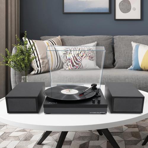 Vinyl Record Player with Stereo Bookshelf Speakers, 3-Speed Belt-Drive Turntable, Modern Vinyl LP Player with Wireless Playback, Auto Stop, RCA Output | Black Leather