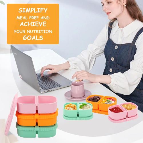 Bento Box 2 Pack Silicone Reusable Snack Containers with Lids, Double Compartment Snack Containers, Silicone Snack Box, Snackle Box Container for Travel, Office, Picnic(Pink/Green)