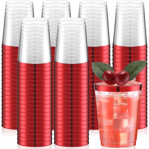 Gerrii 100 Pcs 10oz Plastic Cups Disposable Fancy Rimmed Cups Elegant Clear Drinking Tumblers for Wedding, Birthday, Halloween, Christmas, Graduation Party(Red)