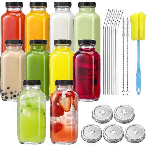 CUCUMI 10pcs 16oz Glass Juice Bottles with Lids, Reusable Juice Containers Drinking Jars Water Cups with Brush, Glass Straws, Lids with Hole | 10pcs