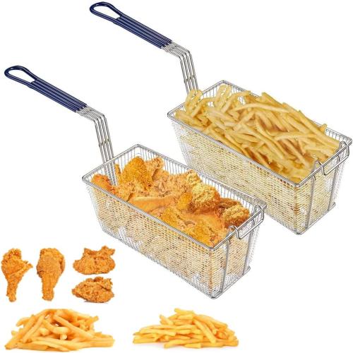 Size Large 2PCS Deep Fryer Basket Commercial Use, Non-Slip Handle Heavy Duty Nickel Plated Iron Construction Chip Basket, 13 1/4 x 6 1/2 x 6, Restaurant Kitchen Frying Chips Fish Sausages.