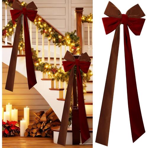 2Pcs Large Christmas Velvet Burgundy Bows13'' x 45''Christmas Front Door Bows with Long Tail Ribbon Xmas Tree Topper Holiday Wreaths Decor Stair Garland for Mantel Fireplace Porch