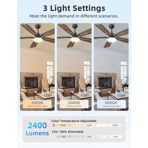 Size 52 Ceiling Fans with Lights and Remote, 52 Inch Modern Ceiling Fan with Light, Downrod & Flush Mount, Quiet DC Motor, Dual Finish 5 Blades Ceiling Fan for Bedroom Living Room Farmhouse Indoor