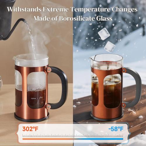 Veken French Press Coffee Maker 34oz 1 L, No Plastic Touching Cafe, Heat Resistant Thickened Borosilicate Glass, Stainless Steel Brewer, Cold Brew Cafetera Teapot for Kitchen Travel Camping, Copper