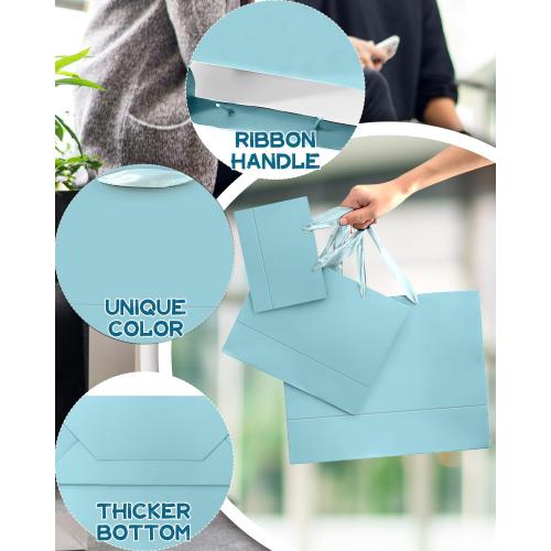 qiqee 10PCS Lake Blue Gift Bags with Ribbon Handles Mulit Assorted Sizes Gift Wide Bags (2pcs Large 13, 4pcs Medium 9.6, 4pcs Small 6.3,Tissue Paper)