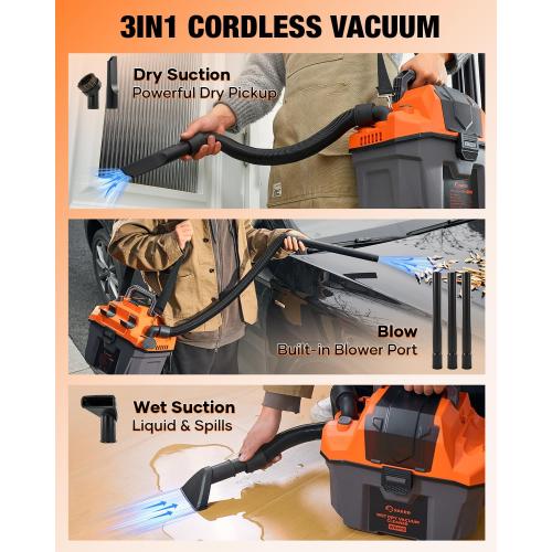 Saker Cordless Wet and Dry Shop Vacuum 17kPa 2.6 Gallon Portable Shop Vacuum Cleaner with Storage Rack, 2×4.0Ah Batteries, Strap, HEPA Filter, 3-in-1 Small Shop Vac for Car, Garage, Workshop