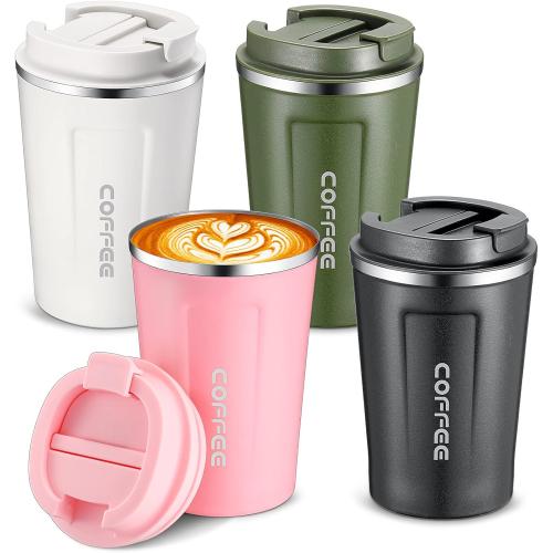 Sieral 4 Pcs 13 oz Travel Coffee Mug Insulated Reusable Coffee Cups with Leakproof Lid Stainless Steel Portable Tumbler for Keep Hot or Ice Milk Tea(Black, White, Pink, Green)