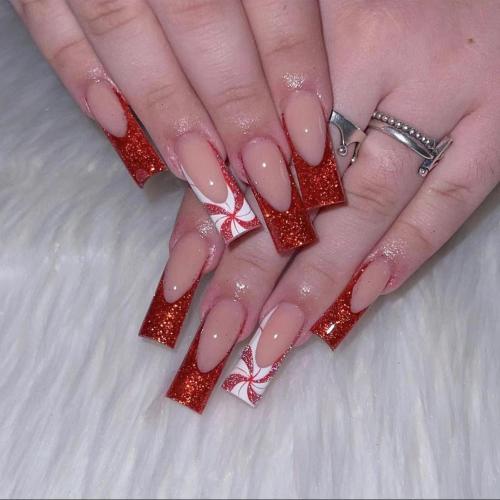 24 Pcs Christmas Press on Nails Long Fake Nails Coffin False Nails with Candy Design Glitter French Tip Nails Press ons Acrylic Artificial Nail Winter Xmas Glue on Nail for Women Girls
