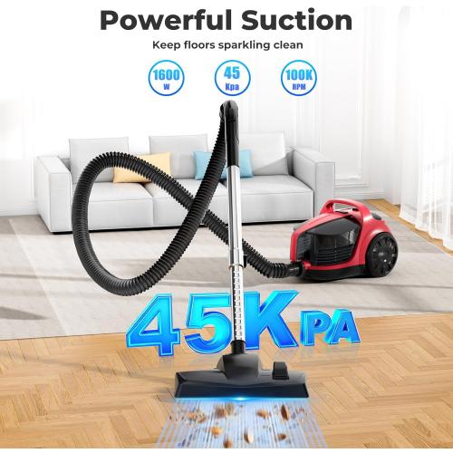 1600W Canister Vacuum Cleaner, Bagless Vacuum Cleaner with 45kPa Strong Suction, 4L Large Dust Cup, Variable Speed Control, 5 Tools, Lightweight Canister Vacuum for Home, Pet, Carpet, Hard Floor, Red