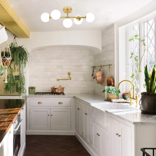 Mid Century Modern Bathroom Vanity Lights, 5-Light Bathroom Light Fixtures Brass Gold Bathroom Lights Semi-Flush Mount Ceiling Light, Gold Wall Sconce Wall Light with Globe Frosted Milk Glass, G9 Base
