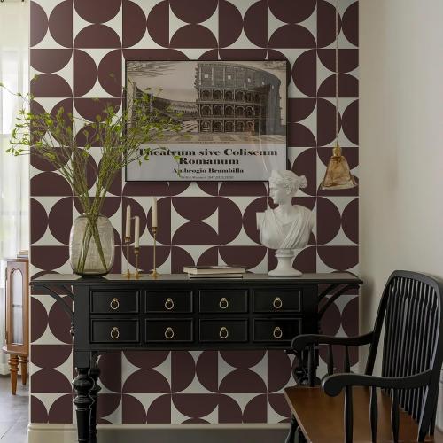 Dimoon Wallpaper 236x17.3Peel and Stick Geometric Contact Paper Vintage Dark Red Beige Wall Paper Removable Square Waterproof Self Adhesive Wall Covering for Bedroom Shelf Liner Decal Vinyl Roll