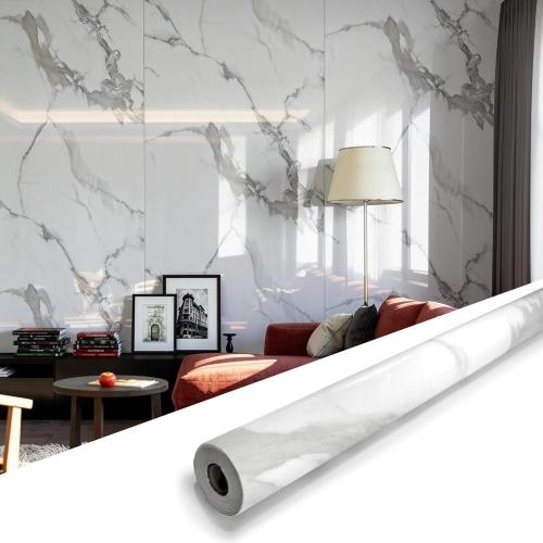 Marble Peel and Stick Waterproof Wall Paneling, Carrara White Glossy Finish Self-Adhesive Backsplash Tile Vinyl Wall Panel for Kitchen Bathroom Wall Decor,
