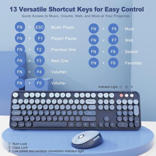 Nowlike Wireless Keyboard and Mouse Combo, Retro Typewriter Keyboard with Round Keycaps, Full-Size Ergonomic, Blue, Ideal for Windows PC, Home, Office, and College, Wireless Keyboard Mouse Combo