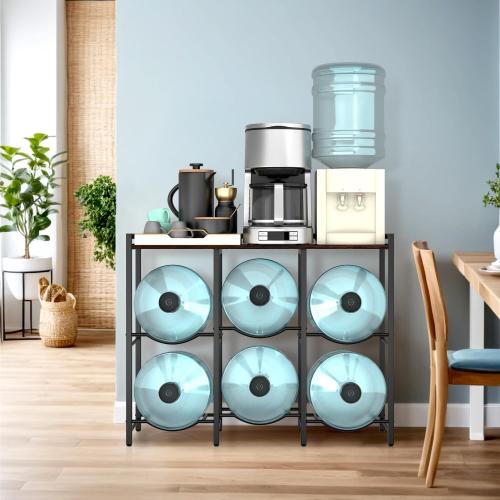5 Gallon Water Jug Holder for 6 Bottles With Rustic Brown Wood Top Shelf - Heavy Duty Dispenser Stand for Home Kitchen/Office/Living Room