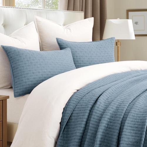 EVERGRACE x Kinsey Walsh Cross Stitch Pre-Washed Cotton Quilt Bedding Set Queen Size, Oversized 3 Pieces Lightweight Bedspread Coverlet for All Season, with 2 Matching Shams, Dusty Blue, 92x96