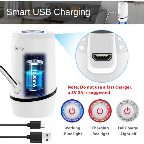 Water Pump for 5 Gallon Bottle, USB Charging Automatic Water Dispenser with Rechargeable Battery, Portable Electric Drinking Water Jug Pump for Home, Kitchen, Living Room, Office, Camping - White