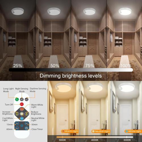 WHITE 7.8in DEEPLITE Battery Ceiling Light Motion Sensor Rechargeable Wireless Shower Light with Remote,5500K 8000mAh,Timing, Motion Activated Overhead Lighting for Closet Bathroom Hallway Porch