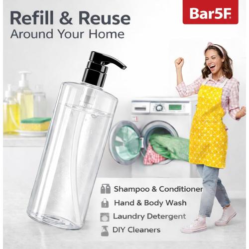 Bar5F Empty Pump Bottles 32 oz. (1-Liter) BPA-Free Crystal-Clear USA 2-Pack | Large Refillable Containers for Shampoo, Conditioner, Body Wash, Lotion, Gel, Laundry Detergent, Hand Soap