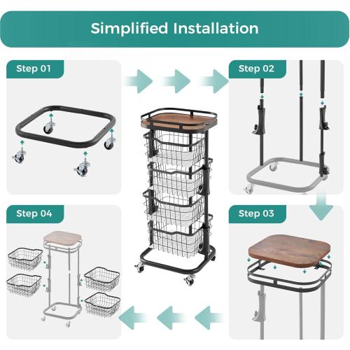 4 Tier Kitchen Fruit Vegetable Storage Cart with One-Piece Rotating Basket, Pantry Organizer Shelf Rack Floor Stand for Veggie Onion Potato Produce Spice, Rolling Snack Cart on Wheels, Black