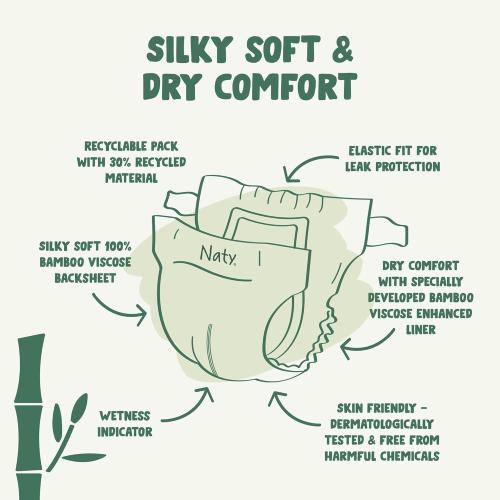 Naty Bamboo Viscose Baby Diapers – Silky Soft, Plant Based, Dermatologically Tested for Sensitive Skin & Super Absorbent (Size 1, 88 Count)