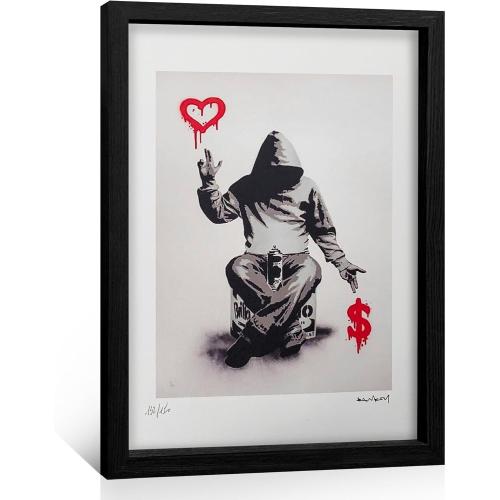 OVVGVV Framed Banksy Wall Decor, Love Over Money Hoodie Men Minimalist Positive Graffiti Street Art for Bedroom, Living Room, Office (12x16in,Type2)