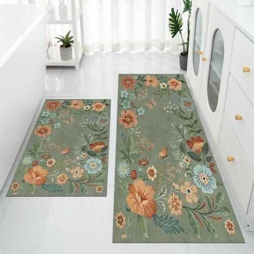 Green Floral Kitchen Mats for Floor 2 PCS,Boho Vintage Botanical Non Slip Kitchen Rug Aesthetic Flower Carpet Runners for Kitchen Laundry Bathroom,